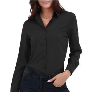 Womens Gemolly Button Down Shirt Long Sleeve Collared Top Office Career Black